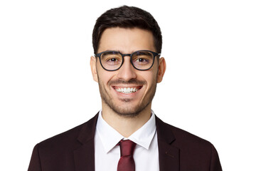 Headshot of handsome business man isolated on gray background with stylish eyeglasses on, showing happy friendly smile