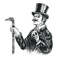 Elegant gentleman in top hat holding exquisite cane. Men's portrait. Retro Vintage vector engraving style. Victorian Era hand drawn lineart illustration