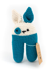 knitted blue bunny with a white head