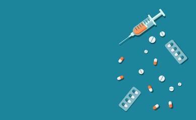Stop drug abuse and illicit trafficking campaign background. Flat style vector illustration of flat lay view of drugs, injection, and capsule . Suitable for banner and poster design.