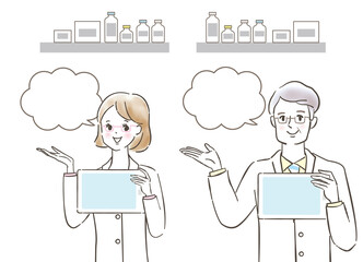 笑顔のシニア男性医師と女性医師/タブレット/手描き