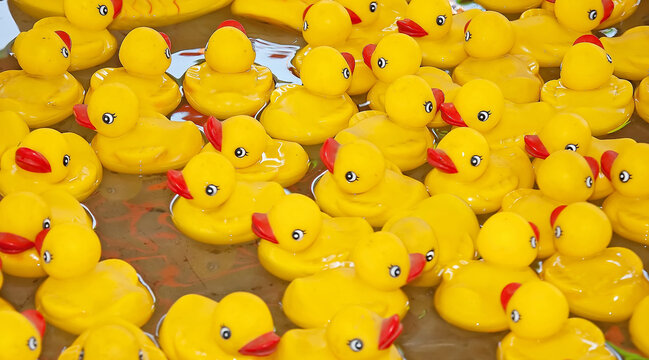 Many yellow rubber duck toys floating in water on a horizontal format with no people.
