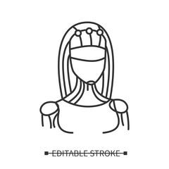 Smart personal assistant icon. Female robot character with digital data connections. Concept pictogram for ai assistance device. Editable stroke vector line illustration for web, ui and logo 