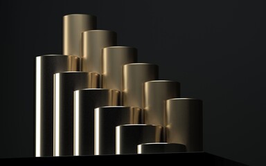 Abstract image of golden cylinders on a black background side view 3D image