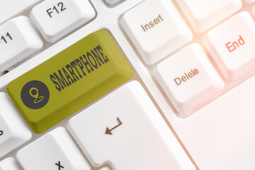 Writing note showing Smartphone. Business concept for a mobile phone that performs many of the...