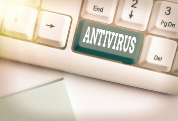 Conceptual hand writing showing Antivirus. Concept meaning suitable for the detection and removal of computer viruses White pc keyboard with empty note paper above white key copy space