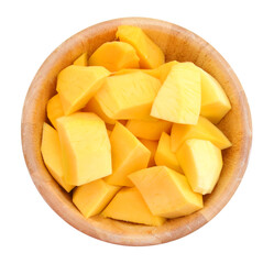 Sliced mangoes in wooden bowl on white