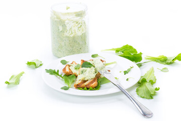 green bread spread of arugula, curds and eggs with fried toast