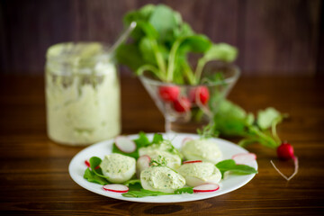 boiled stuffed eggs with green cheese filling with arugula leaves and radish