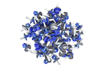 Blue self-tapping screws for profiled flooring on a white background. Fasteners for construction