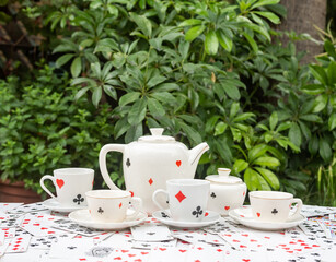 Mid-century modern coffee set, retro porcelain service with jungle background