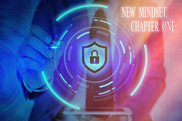 Writing note showing New Mindset, Chapter One. Business concept for change on attitudes and thinking Improve hard work Graphics padlock for web data information security application system