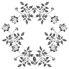 Ink floral ornament. Black-white monochrome romantic hand drawn elements for designing goods, covers or banners for social media posts.