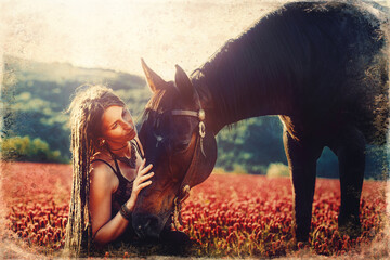 Portrait woman and horse in outdoor. Woman hugging a horse. Old photo effect.