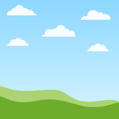 Fototapeta premium Beautiful nature landscape with green field grass and blue sky with white clouds like background for you design banner, card or poster, stock vector illustration