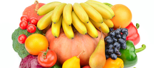 Fruits and vegetables isolated on a white background. Wide photo