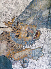 Ancient mosaic from the Byzantine period with Lion and Elephant in great palace of Justinian in...