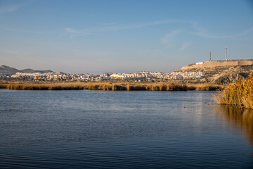 Lake of Palomares with the towm in background near of the Vera Playa, Andalusia, Spain