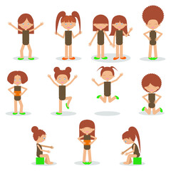 Set of happy cartoon girls in different poses. Children with different hairstyles. Editable characters prepared for animation. Flat vector.