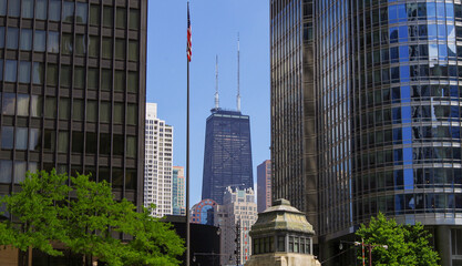 Modern skyscraper and highrise architecture in downtown Chicago in Illinois like John Hancock Tower...