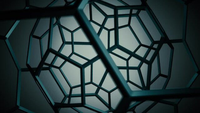 Rotating dark metallic pentagon and hexagon shaped cage. Looping, full HD motion background.