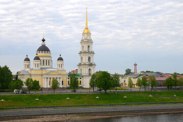 Fototapeta na wymiar Cityscape and view of Transfiguration cathedral (Preobrazhensky cathedral, 19th century). Rybinsk, Yaroslavl Oblast, Russia.