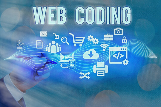 Text sign showing Web Coding. Business photo text a system of symbols and rules used to represent instructions Information digital technology network connection infographic elements icon