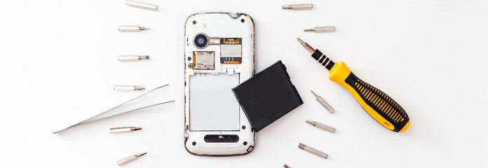 Smart phone repair isolated on white background.