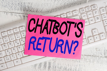 Word writing text Chatbot s is Return Question. Business photo showcasing program that communicate use text interface and AI White keyboard office supplies empty rectangle shaped paper reminder wood