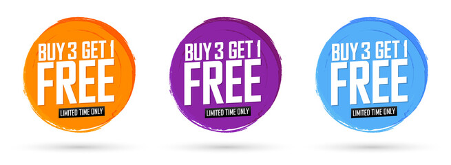 Buy 3 Get 1 Free, Set Sale banners design template, discount tags collection, great offer,  grunge brush, vector illustration