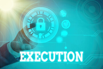 Word writing text Execution. Business photo showcasing it executes or imposes a program order or...