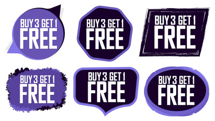 Buy 3 Get 1 Free, Set Sale banners design template, discount tags collection, great offer, vector illustration