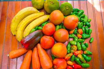Food background with assortment of fresh organic fruits and vegetables