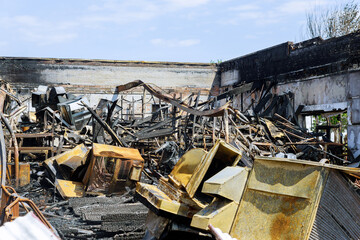 Panoramic view of a place looted and burned by people after a protest in the current USA country situation