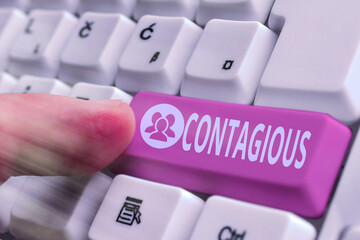 Handwriting text Contagious. Conceptual photo transmissible by direct or indirect contact with infected an individual White pc keyboard with empty note paper above white key copy space
