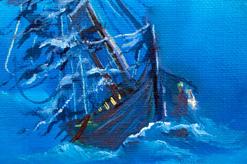 Black pirate ship at sea painted on canvas with oil paints creative background for design