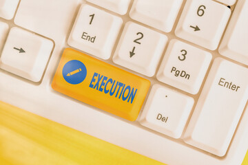 Word writing text Execution. Business photo showcasing it executes or imposes a program order or...