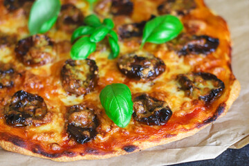 pizza salami sausages cheese fast food Takeaway Menu concept serving size. food background top view copy space for text organic healthy eating