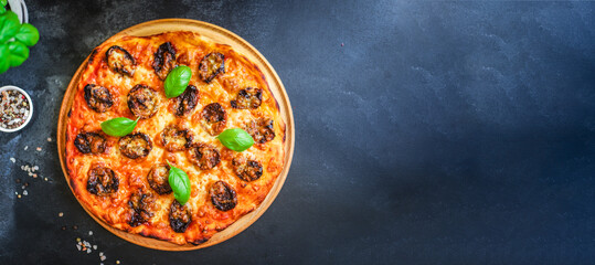 pizza salami sausages cheese fast food Takeaway Menu concept serving size. food background top view copy space for text organic healthy eating