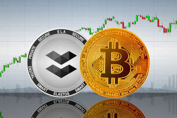 Bitcoin (BTC) and Elastos (ELA) coins on the background of the chart; Bitcoin and Elastos cryptocurrency; crypto exchange