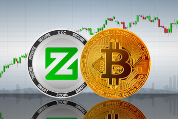 Bitcoin (BTC) and Zcoin (XZC) coins on the background of the chart; Bitcoin and Zcoin cryptocurrency; crypto exchange
