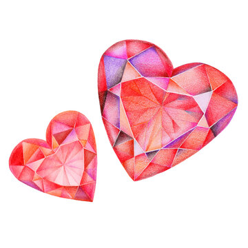 Red heart gems drawn by hand with colored pencils. Realistic faceted stones.