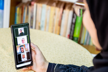 Arabic muslim people using video conference app online