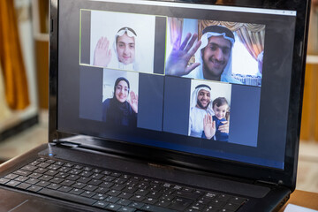 Arabic muslim people using video conference app online