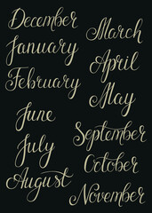 Handwritten months of the year set: December, January, February, March, April, May, June, July, August, September, October, November.  Hand Lettering words can use for calendar or organizer.