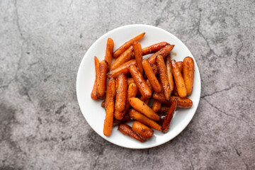 Baby carrots glazed with balsamic vinegar and roasted 