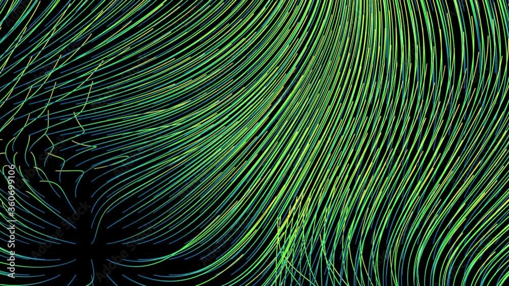 Poster 3d render of flow field visualization. lines are curled and turbulence by wind simulation. scientifi