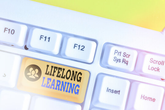 Writing note showing Lifelong Learning. Business concept for pursuit of knowledge for an individualal or professional reasons White pc keyboard with empty note paper above white key copy space