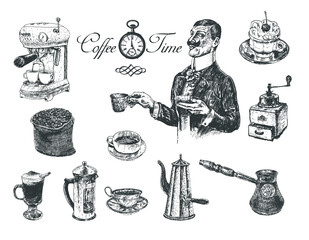 Coffee time set with coffee maker, grinder, coffee pot, French press, Cups, Bag With Beans,. Gentleman holding cup. Vintage engraving style. Victorian Era hand drawn vector illustration