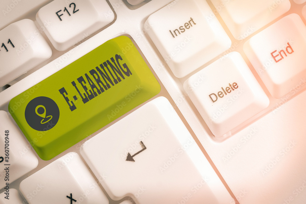 Poster writing note showing e learning. business concept for training through electronic media usually over